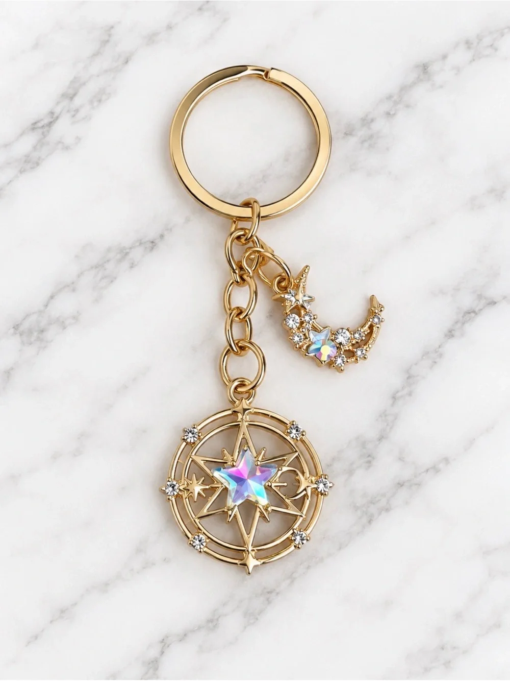 Bag Charm/Keyring-Star & Moon Compass Charm-Gold Hardware